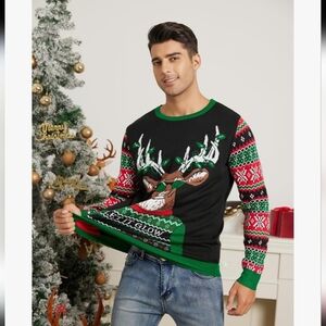 COZOPLE | Men's Blk/Green "Let It Glow" LED Light Up Reindeer Christmas Sweater